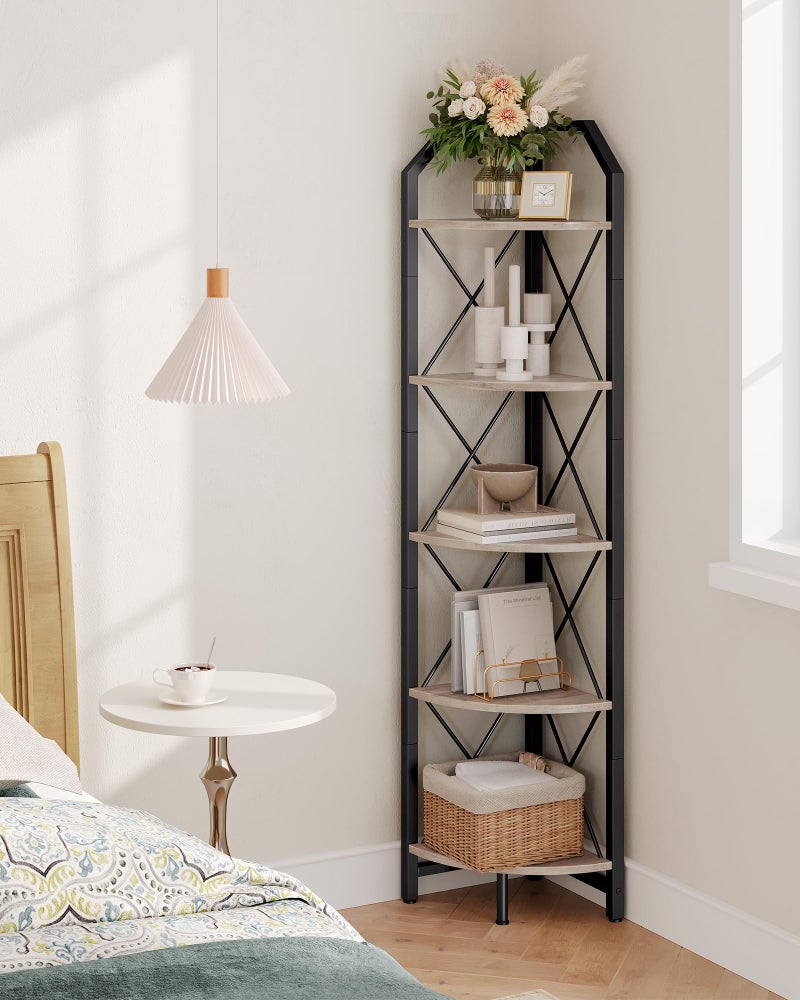 CHOEZON 5-Tier Corner Shelf, Industrial Corner Bookshelf, 59.4" Corner Storage Stand, Plant Stand Display Shelf, Corner Bookcase for Bedroom, Living Room, Home Office, Greige and Black TCJ10BG - Image 1