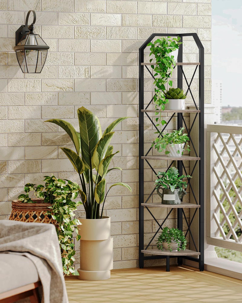 CHOEZON 5-Tier Corner Shelf, Industrial Corner Bookshelf, 59.4" Corner Storage Stand, Plant Stand Display Shelf, Corner Bookcase for Bedroom, Living Room, Home Office, Greige and Black TCJ10BG - Image 5