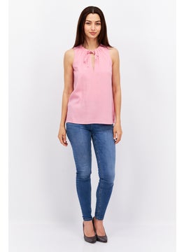 ESPRIT Women Tie Neck Sleeveless Plain Tank Top, Pink  - Image 4