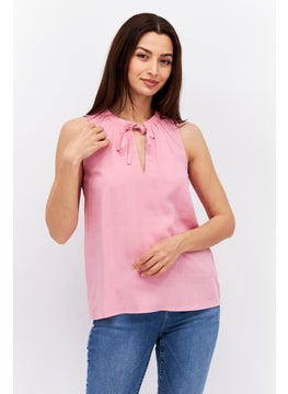 Women Tie Neck Sleeveless Plain Tank Top, Pink