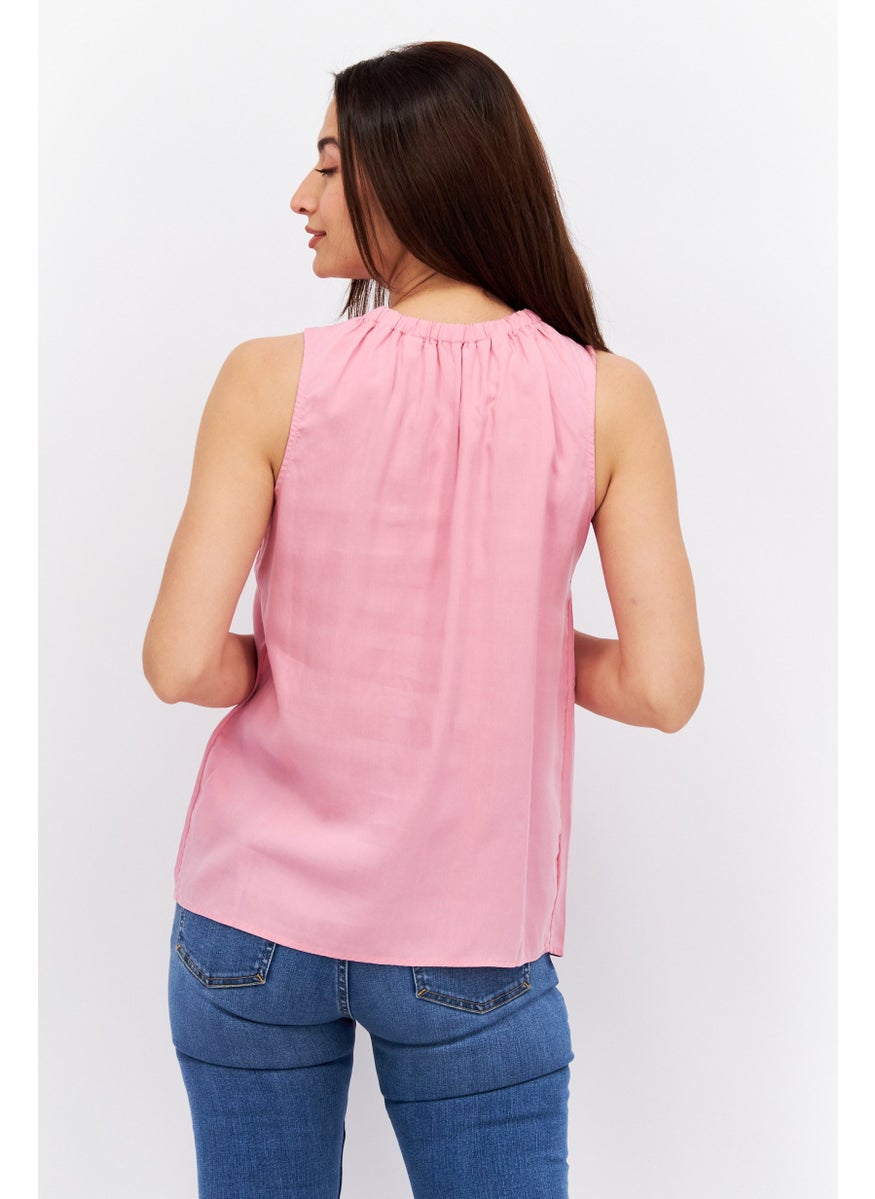 ESPRIT - Women Tie Neck Sleeveless Plain Tank Top, Pink - Image 1