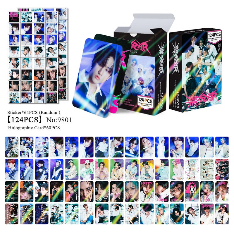 STRAYKIDS 124PCS Holographic Cards & Star Stickers Set – 60PCS Holographic LOMO Cards + 64PCS Random Celebrity Stickers for DIY Scrapbooking, Album Decoration, Journaling, and Birthday Gift for Teens