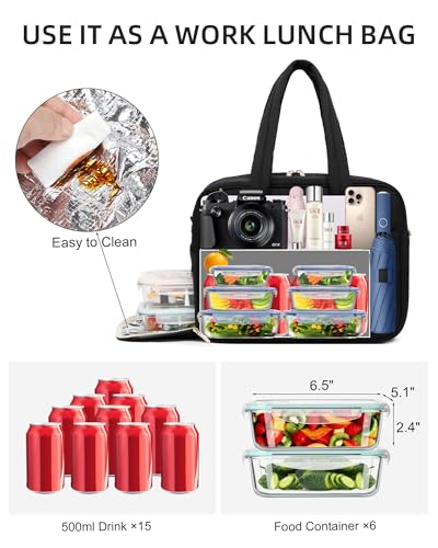 BAVERGE Lunch Tote Bag for Women Work, 17.3 Inch Laptop Purse with Insulated Lunch Compartment Coin Wallet for Meal, Large Puffy Quilted Travel Duffle Bag Black - Image 3