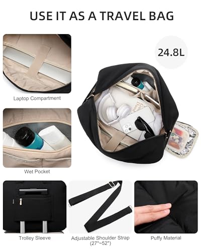 BAVERGE Lunch Tote Bag for Women Work, 17.3 Inch Laptop Purse with Insulated Lunch Compartment Coin Wallet for Meal, Large Puffy Quilted Travel Duffle Bag Black - Image 5
