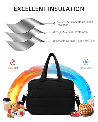 BAVERGE Lunch Tote Bag for Women Work, 17.3 Inch Laptop Purse with Insulated Lunch Compartment Coin Wallet for Meal, Large Puffy Quilted Travel Duffle Bag Black - Image 4