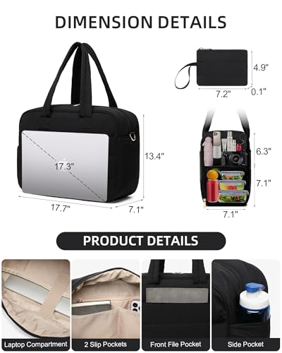 BAVERGE Lunch Tote Bag for Women Work, 17.3 Inch Laptop Purse with Insulated Lunch Compartment Coin Wallet for Meal, Large Puffy Quilted Travel Duffle Bag Black - Image 2