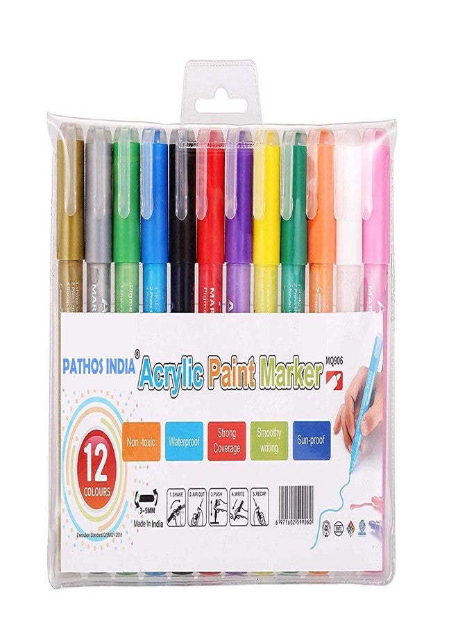 PATHOS INDIA Acrylic Paint Medium Markers For Rock Painting, Stone, Glass, Metal And Ceramic Works On Almost All Surfaces Set Of 12 Vibrant Quick Dry, Water Resistant - Image 2