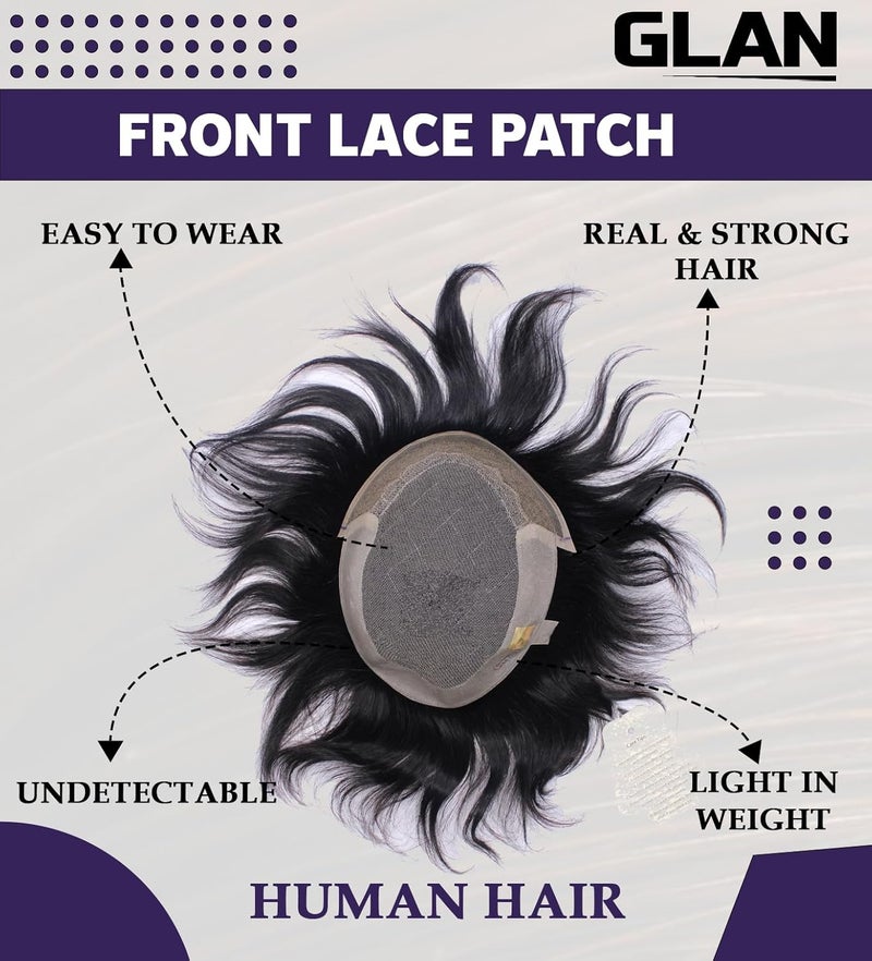 GLAN Human Hair Patch Toupee Wigs Hair Pieces Hair Replacement Systems For Men and Boys to Cover Up Baldness Area Natural Black Brown Pack of 1 Front Lace Patch 10 7 - Image 3