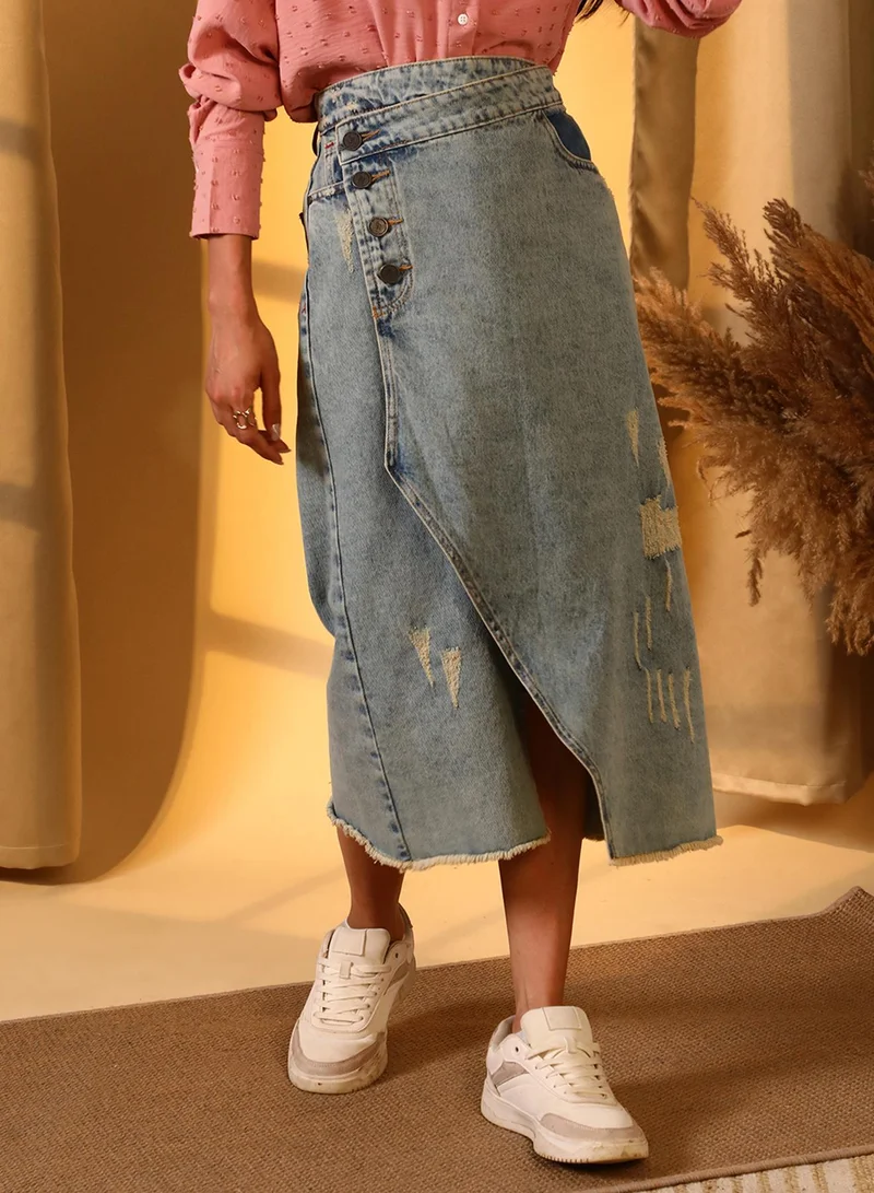 بينيا كولادا Women's Light Blue Asymmetrical Midi Denim Skirt For Casual Wear | Light-Wash | Mid-Rise | Button Closure | Denim Skirt Designed With Comfortable Fit For Woman & Girls