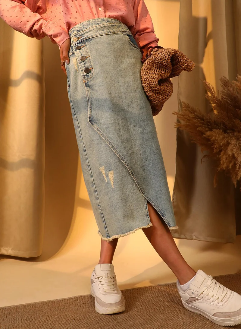 بينيا كولادا Women's Light Blue Asymmetrical Midi Denim Skirt For Casual Wear | Light-Wash | Mid-Rise | Button Closure | Denim Skirt Designed With Comfortable Fit For Woman & Girls