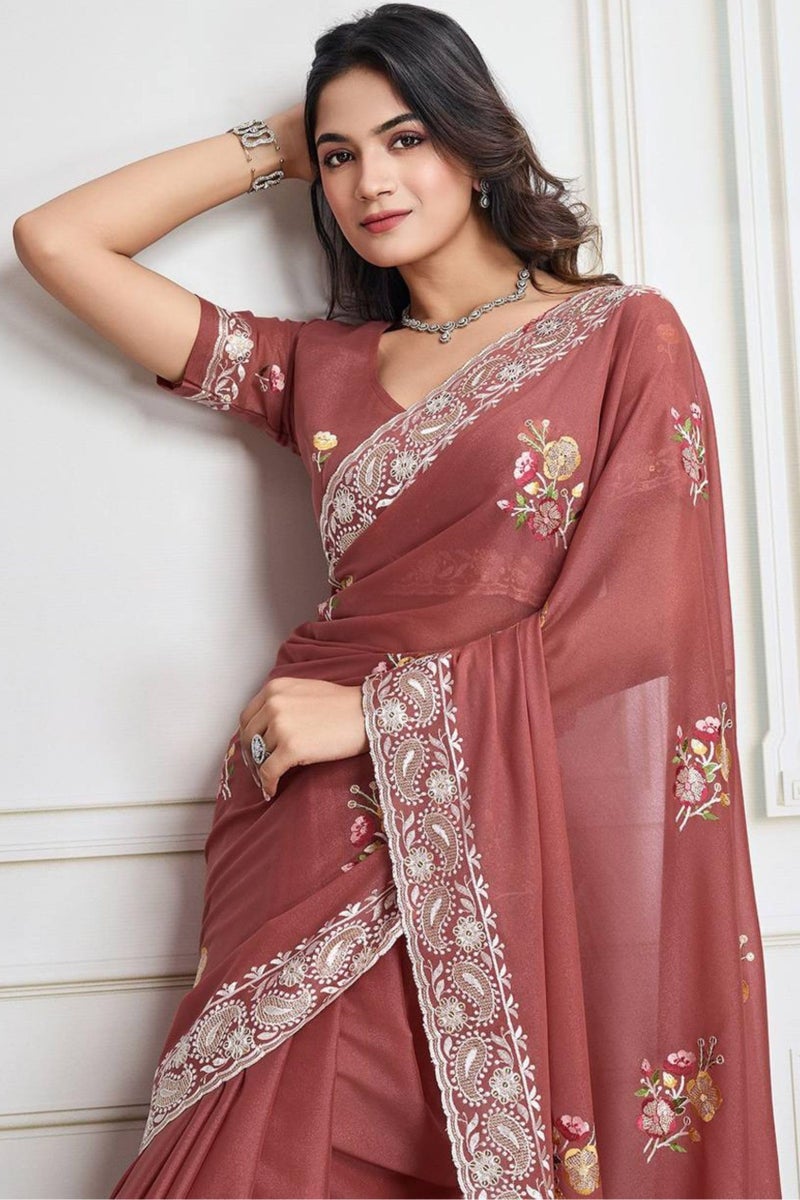 SGF11 Women's Soft Silk Embroidery Work Saree With Blouse Piece (Brown) - Image 3