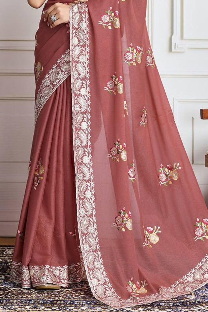 SGF11 Women's Soft Silk Embroidery Work Saree With Blouse Piece (Brown) - Image 4