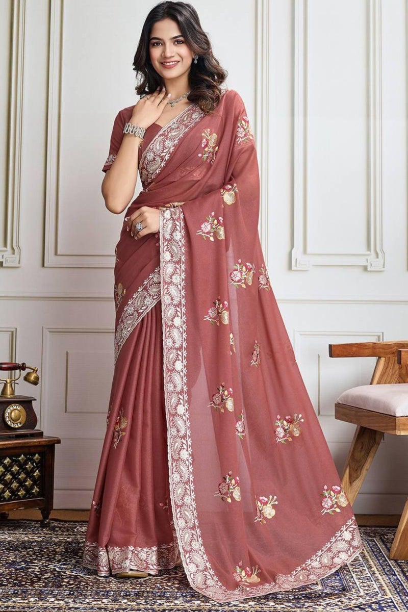 SGF11 Women's Soft Silk Embroidery Work Saree With Blouse Piece (Brown) - Image 2