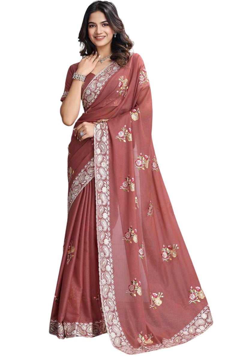 SGF11 Women's Soft Silk Embroidery Work Saree With Blouse Piece (Brown) - Image 1