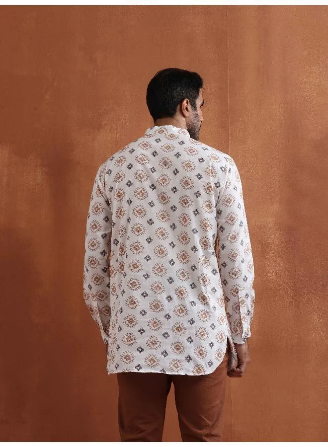 trueBrowns Men's Ivory Printed Short Kurta