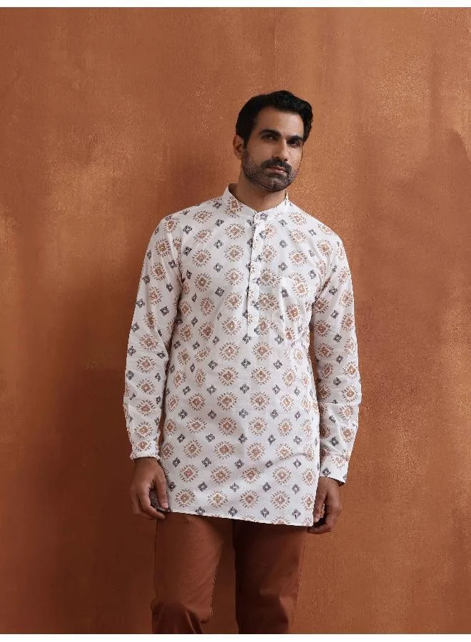 trueBrowns Men's Ivory Printed Short Kurta