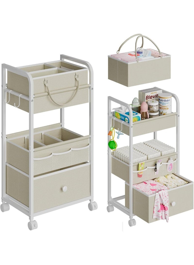 LBMT 2 In 1 Baby Diaper Caddy & 3-Tier Rolling Cart,Baby Organizer and Storage with Drawer, Detachable Dividers, Mobile Utility Cart,Baby Dresser Clothes Organizer for Baby Essentials, Bedroom, Nursery,Large Capacity (White) - Image 1