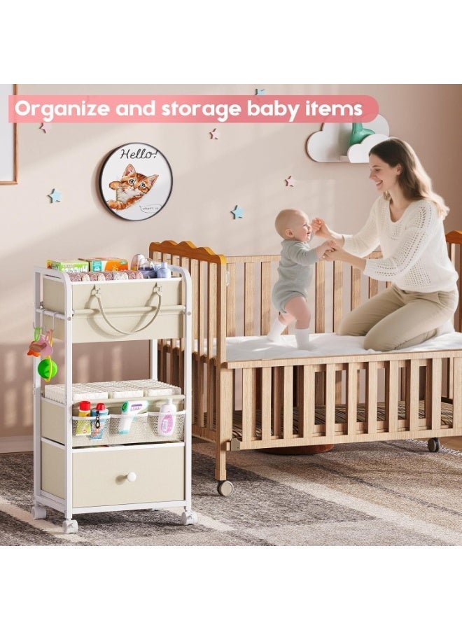 LBMT 2 In 1 Baby Diaper Caddy & 3-Tier Rolling Cart,Baby Organizer and Storage with Drawer, Detachable Dividers, Mobile Utility Cart,Baby Dresser Clothes Organizer for Baby Essentials, Bedroom, Nursery,Large Capacity (White) - Image 2