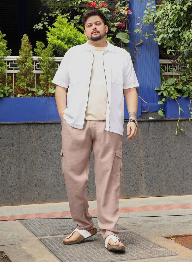 Instafab Plus Instafab Plus Men Utility Relaxed-Chino Trousers | Mid-Rise , Side Elasticated Stretch | Button Closure , Cuffed-Straight Hem | Solid Textured | Woven Fabric For Casual & Street Wear | Sand Beige