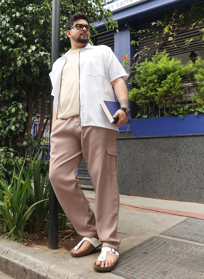 Instafab Plus Instafab Plus Men Utility Relaxed-Chino Trousers | Mid-Rise , Side Elasticated Stretch | Button Closure , Cuffed-Straight Hem | Solid Textured | Woven Fabric For Casual & Street Wear | Sand Beige