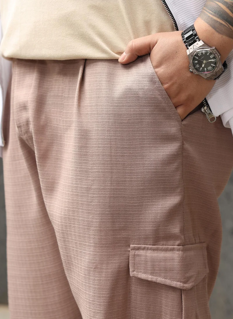 Instafab Plus Instafab Plus Men Utility Relaxed-Chino Trousers | Mid-Rise , Side Elasticated Stretch | Button Closure , Cuffed-Straight Hem | Solid Textured | Woven Fabric For Casual & Street Wear | Sand Beige