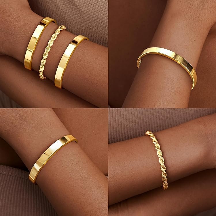 Gokeey Gold Bracelets for Women Non Tarnish Dainty 14K Gold Plated Bangle Cuff Bracelet Stackable Bracelets Set, Layered Rope Link Chain Bracelets Trendy Jewelry Arm Cuff Gifts - Image 4