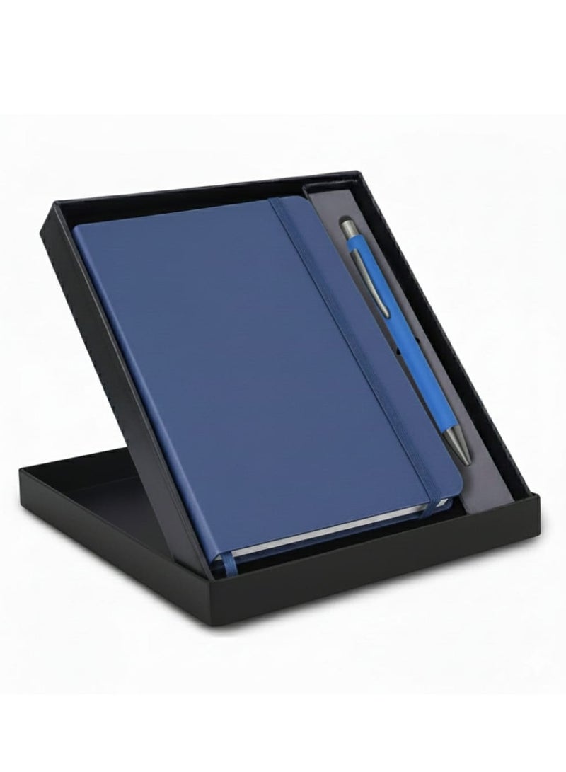 Lined notebook with a soft-touch hard cover and a stylish pen; suitable as a gift; blue color. - Image 1