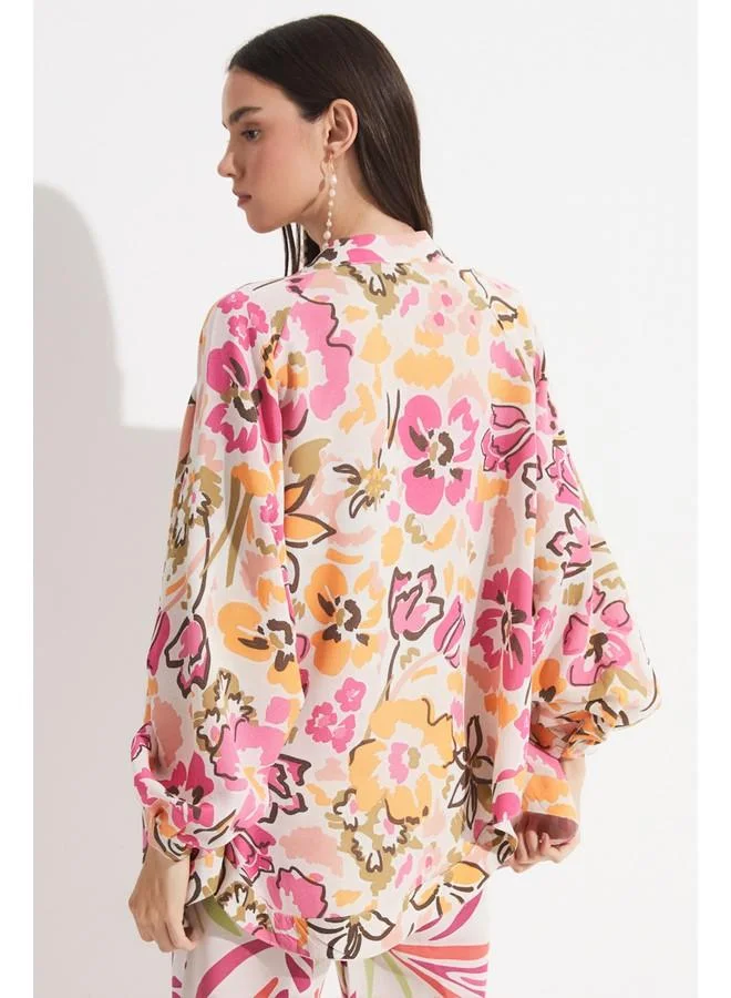 JUNE June Women Exclusive Floral Patterned Linen Blend Kimono Fuchsia