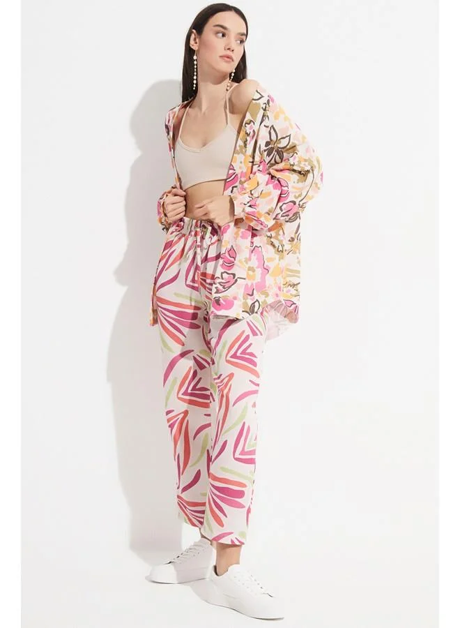 JUNE June Women Exclusive Floral Patterned Linen Blend Kimono Fuchsia