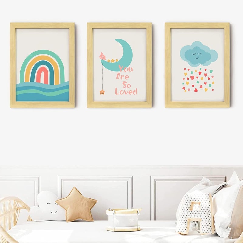 LIYAOLI You Are So Loved Framed Wall Art Decor 3 Panel 12x16 Inch Stars and Moon Nursery Decor Boho Kids room Baby Girl Bedroom Decor for Wall Art Decor - Image 1