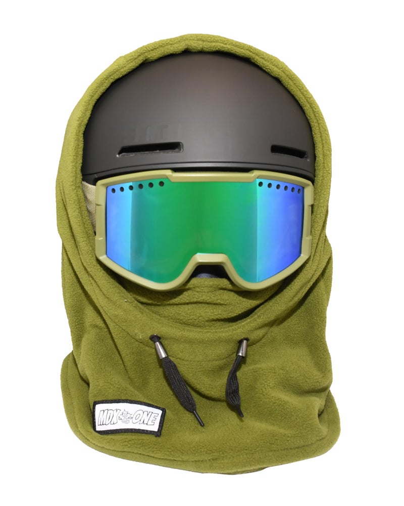 MDXONE Kids Over The Helmet Balaclava Children face mask with Buttons for Pompoms with Elastics (Sold Separately) (Olive) - Image 1
