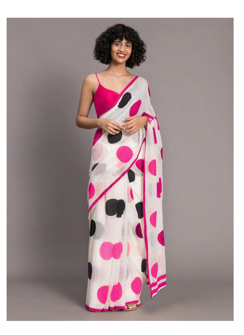 Grab Mantra - White Cotton Saree With Big Multicolour Polka Dots And Unstitched Blouse - Image 1