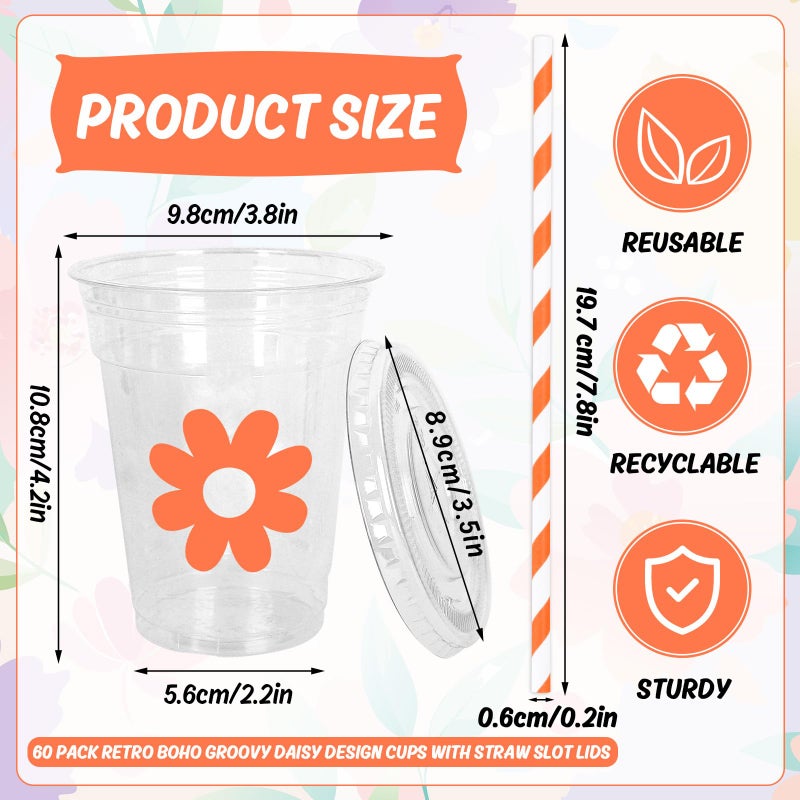 Whaline 60Pcs 12Oz Daisy Disposable Plastic Cups with Lids and Straws Retro Boho Groovy Flower Cold Beverage Drinking Cups for Wedding Birthday Baby Shower - Image 1
