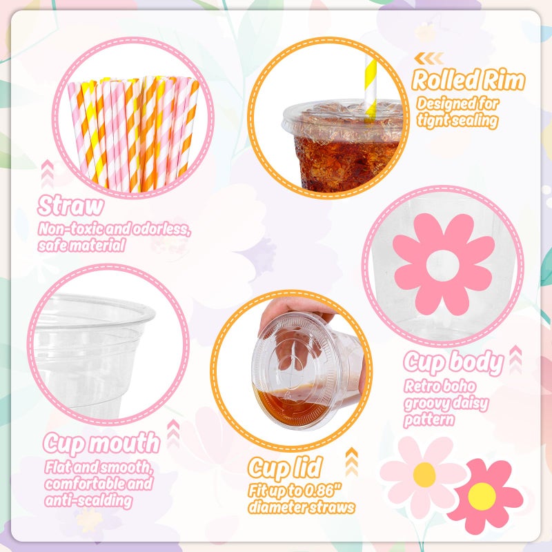 Whaline 60Pcs 12Oz Daisy Disposable Plastic Cups with Lids and Straws Retro Boho Groovy Flower Cold Beverage Drinking Cups for Wedding Birthday Baby Shower - Image 2
