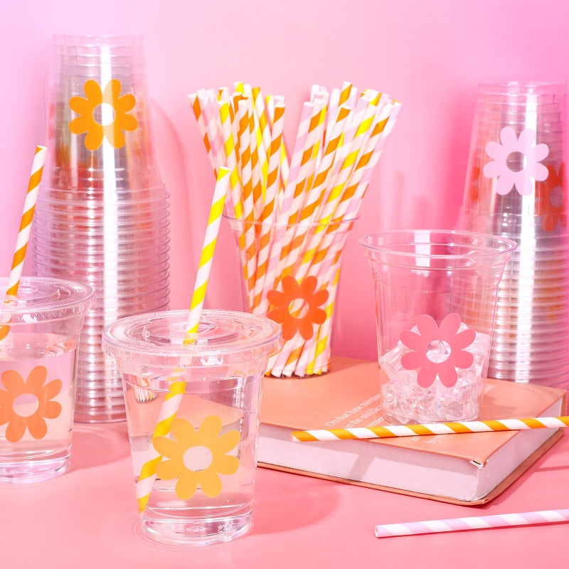 Whaline 60Pcs 12Oz Daisy Disposable Plastic Cups with Lids and Straws Retro Boho Groovy Flower Cold Beverage Drinking Cups for Wedding Birthday Baby Shower - Image 3
