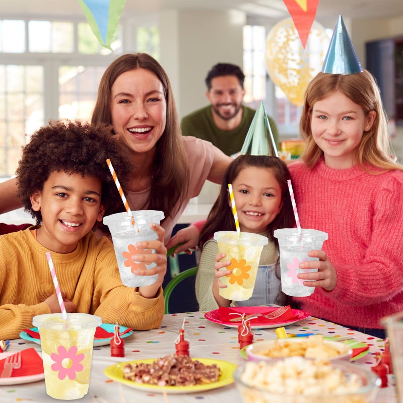 Whaline 60Pcs 12Oz Daisy Disposable Plastic Cups with Lids and Straws Retro Boho Groovy Flower Cold Beverage Drinking Cups for Wedding Birthday Baby Shower - Image 4