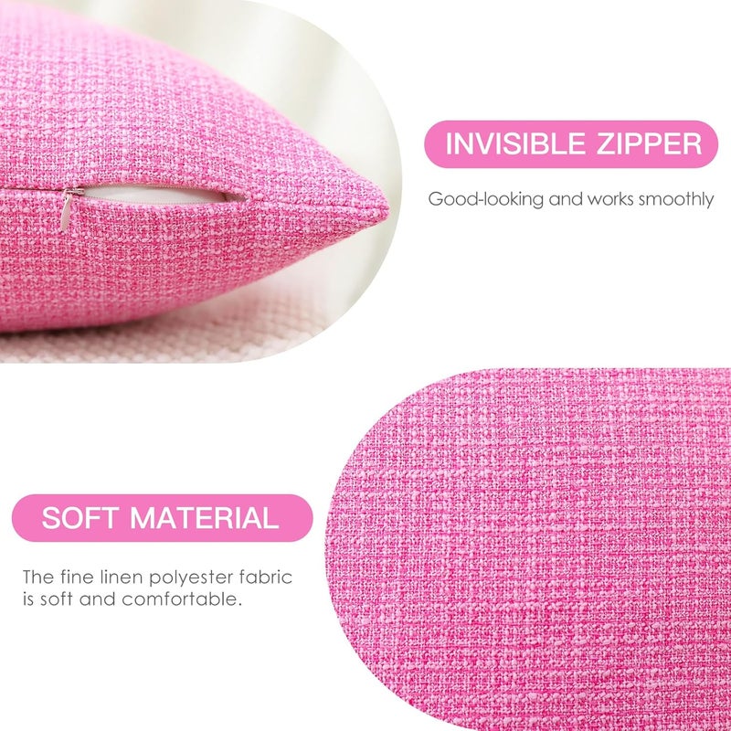 Otostar Pack of 2 Throw Pillow Covers 18x18 Inch Linen Hot Pink Pillowcases Farmhouse Decorative Solid Pillow Covers 45x45 cm Square Cushion Case for Home Decor Sofa Couch Bed (Hot Pink) - Image 2