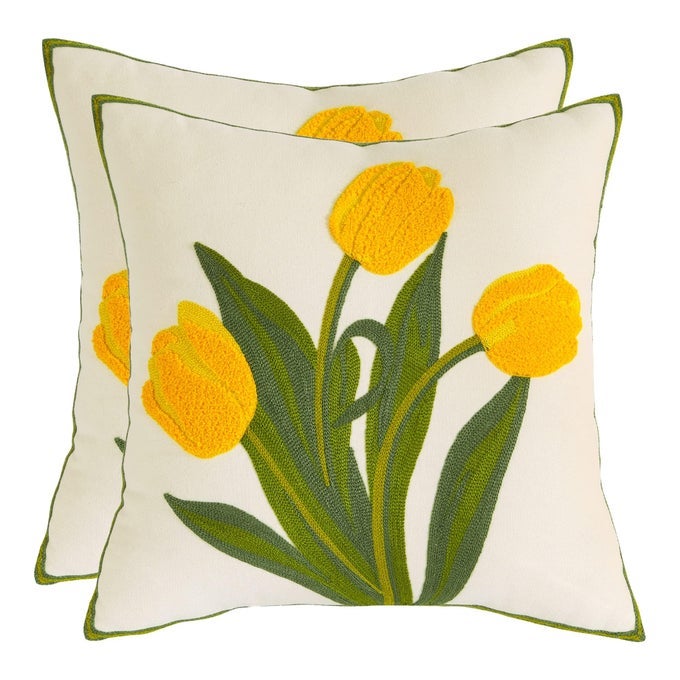 FLOWER CUSHION COVERS 45 X 45 CM THROW PILLOW COVERS YELLOW TULIP EMBROIDERY COTTON AND LINEN PILLOW CASE FOR SOFA BED GARDEN PATIO HOME DECOR SET OF 2
