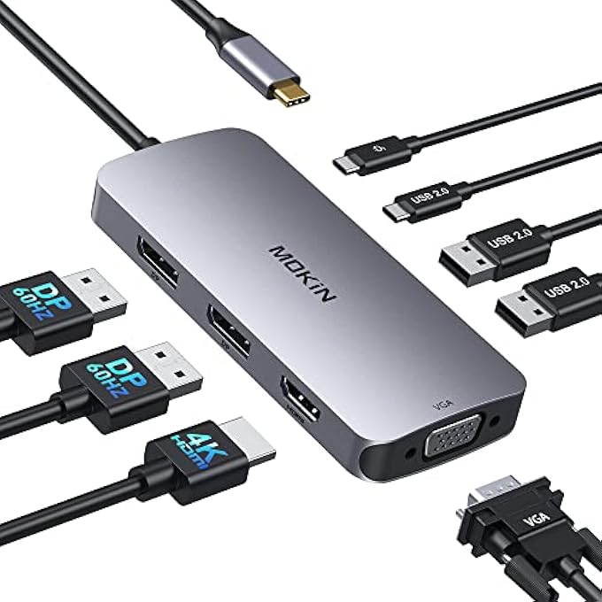 Mokin USB C DOCKING STATION DUAL DISPLAYPORT, 8 IN 1 USB HUB WITH 2 DP, HDMI, VGA, USB C 2.0, A 2.0, PD CHARGING PORT, MULTI MONITOR ADAPTER FOR DELL/HP/LENOVO LAPTOPS - Image 1