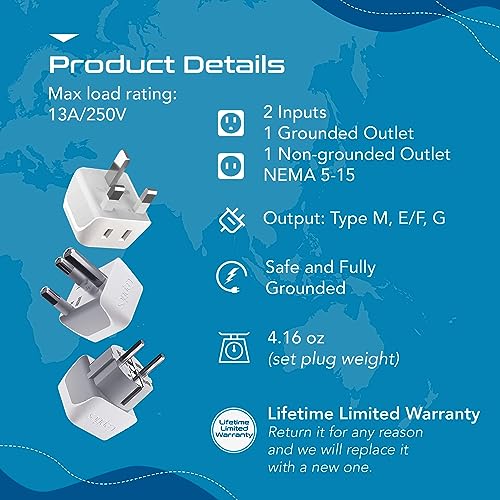 Ceptics African Travel Adapter Set 2 in 1 USA to Africa, S. Africa, Nigeria, Ghana, Uganda (Type M, E/F, Type G) - 3 Pack (Does Not Convert Voltage) - Image 2