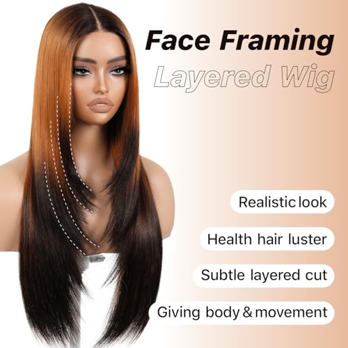 Brownbomb Ombre Orange Black Wear and Go Glueless Wigs Pre Plucked Pre Cut for Beginners Synthetic Lace Front Wigs With Bangs Long Straight layered Wigs HD Lace 26 Inch 3 Seconds to Wear for Beginners - Image 3