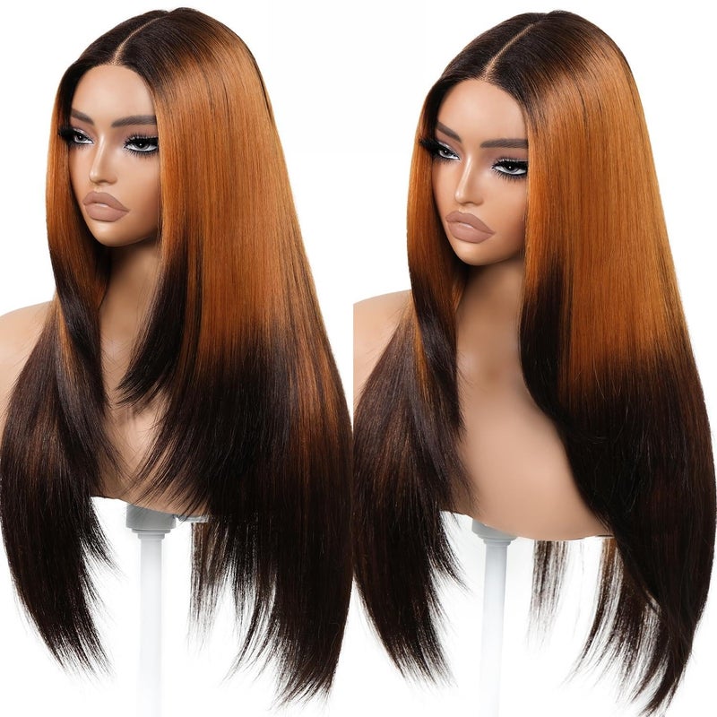 Brownbomb Ombre Orange Black Wear and Go Glueless Wigs Pre Plucked Pre Cut for Beginners Synthetic Lace Front Wigs With Bangs Long Straight layered Wigs HD Lace 26 Inch 3 Seconds to Wear for Beginners - Image 2
