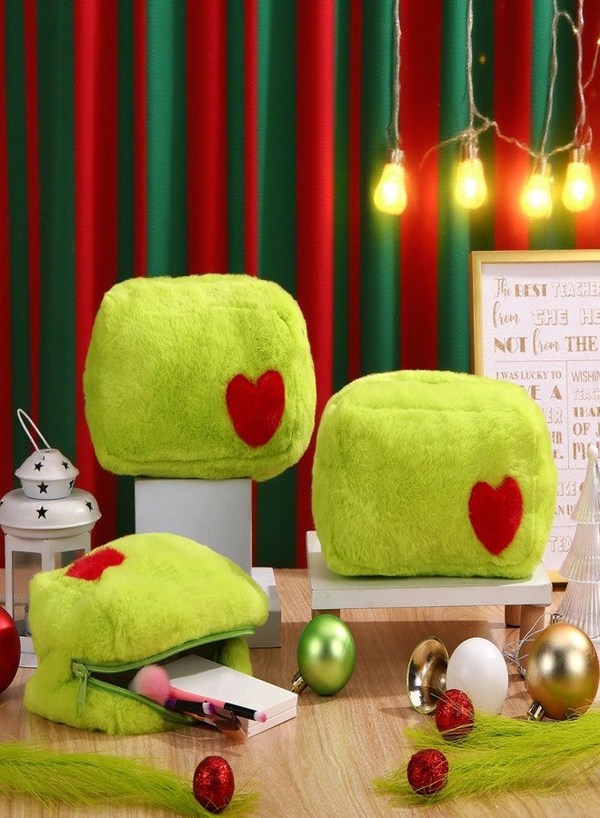 Yeyeplum 6 Pcs Fuzzy Green Makeup Bags for Women Plush Green Cartoon Character Cosmetic Pouch with Red Heart and Zipper Cute Travel Toiletry Bag for Birthday Party Gifts - Image 3