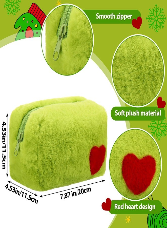 Yeyeplum 6 Pcs Fuzzy Green Makeup Bags for Women Plush Green Cartoon Character Cosmetic Pouch with Red Heart and Zipper Cute Travel Toiletry Bag for Birthday Party Gifts - Image 2