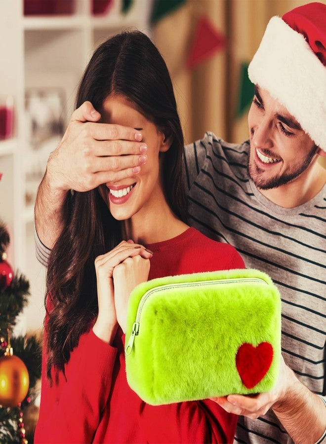 Yeyeplum 6 Pcs Fuzzy Green Makeup Bags for Women Plush Green Cartoon Character Cosmetic Pouch with Red Heart and Zipper Cute Travel Toiletry Bag for Birthday Party Gifts - Image 4