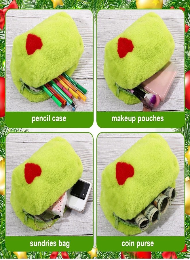 Yeyeplum 6 Pcs Fuzzy Green Makeup Bags for Women Plush Green Cartoon Character Cosmetic Pouch with Red Heart and Zipper Cute Travel Toiletry Bag for Birthday Party Gifts - Image 5