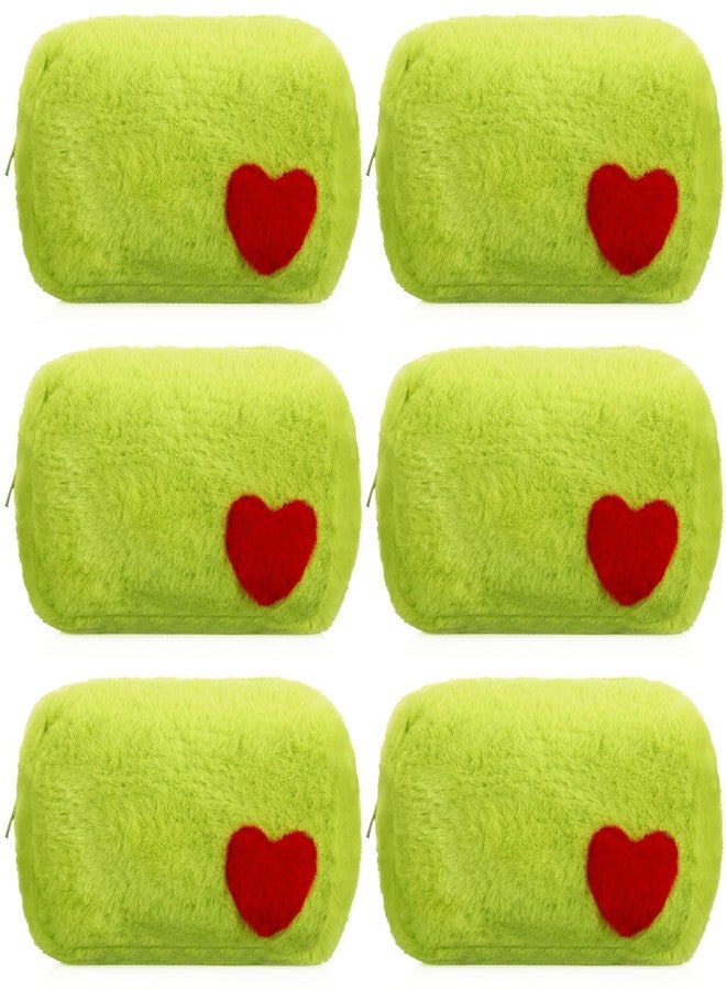 Yeyeplum 6 Pcs Fuzzy Green Makeup Bags for Women Plush Green Cartoon Character Cosmetic Pouch with Red Heart and Zipper Cute Travel Toiletry Bag for Birthday Party Gifts - Image 1