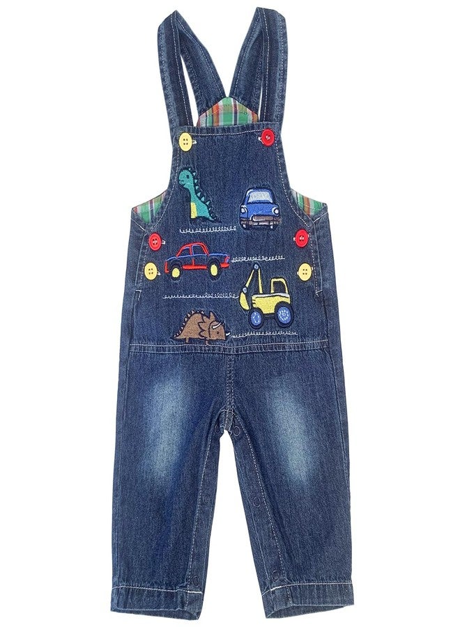 Peacolate 6Months-3Years Baby Boy Blue Denim Overalls Jumpsuit for Infant Toddler Kids Embroidered Jeans(Car,12-18Months) - Image 1