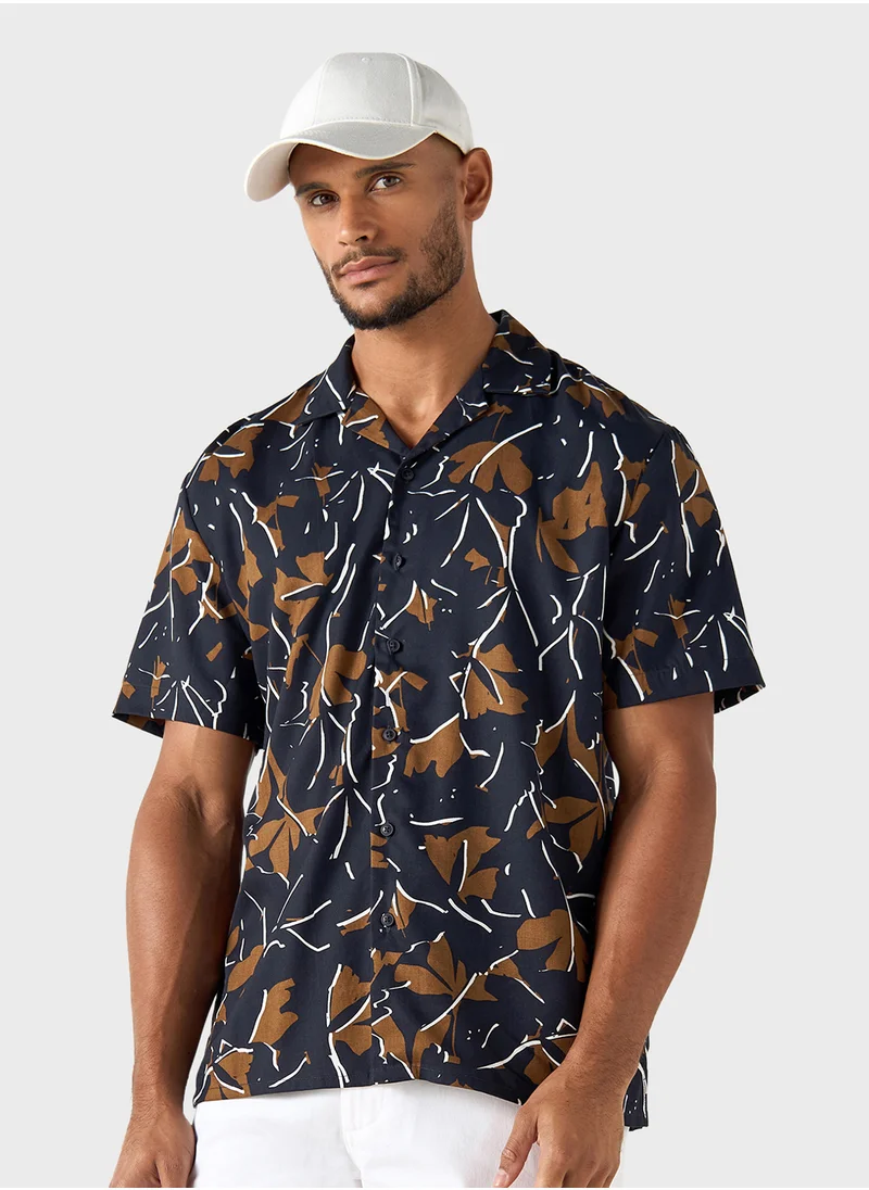 ايكونيك Iconic All-Over Print Camp Collar Shirt with Short