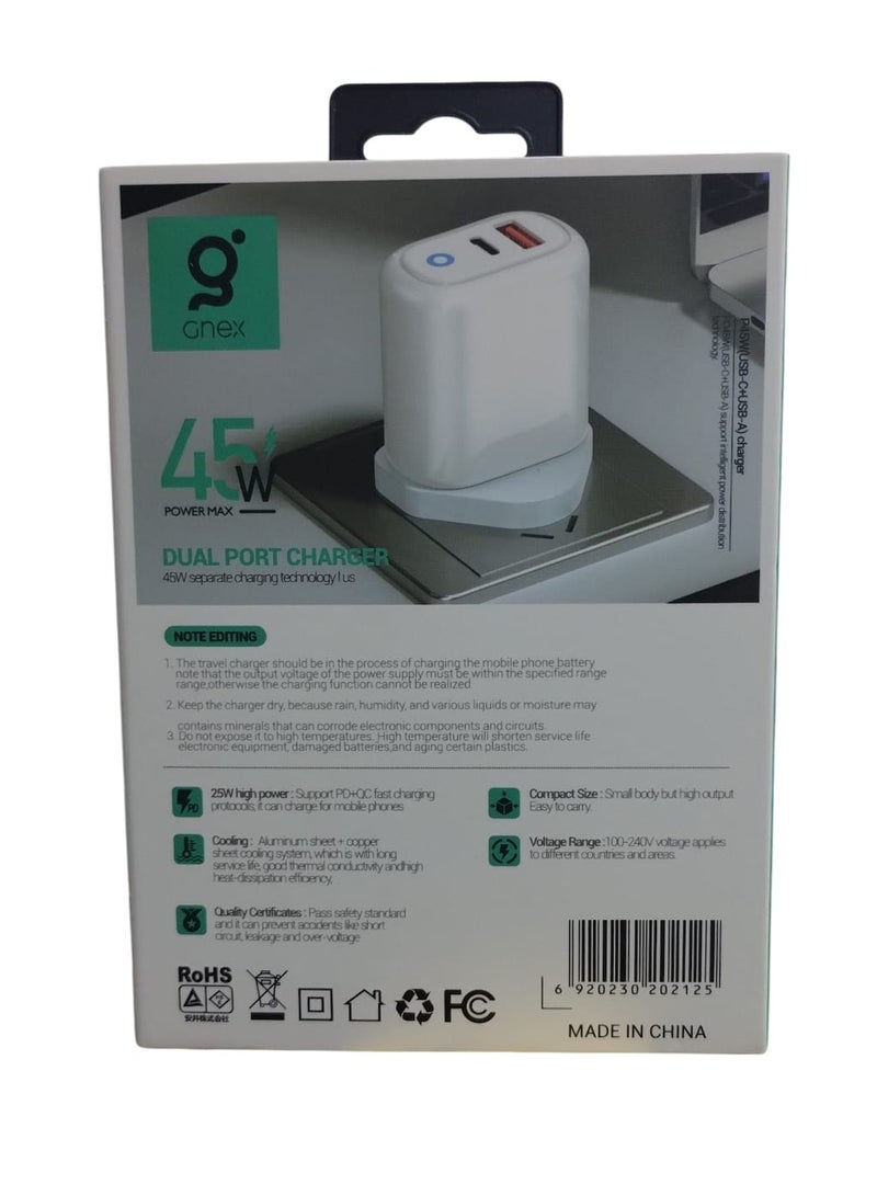 Gnex 45W Charger with USB Port, PD Port, and Type-C Charging Cable White - Image 3